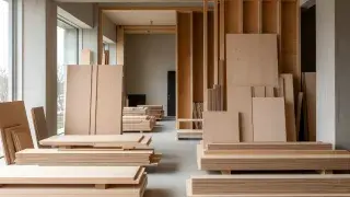 Sustainable wood panels and sheet materials arranged inside a contemporary interior build-out.