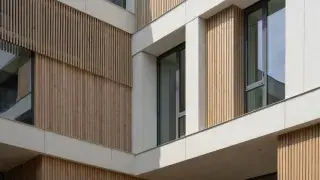 Modern facade with vertical timber screens, deep window reveals, and light mineral cladding panels.