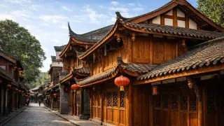 Traditional Chinese wooden street with curved tile roofs, red lanterns, and historic timber houses.