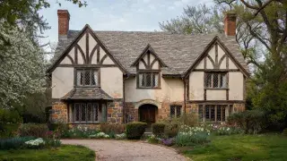 Tudor Revival house with half-timbering, stone walls, steep gables, and leaded windows.