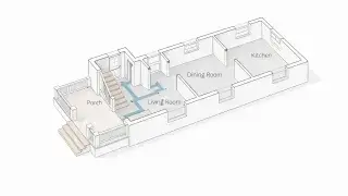 Cutaway plan of a typical 1910s house showing porch, entry hall, living room, dining room, and kitchen in sequence.