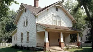 1910s gabled wood house with front porch, simple trim, and late Victorian carryover details.