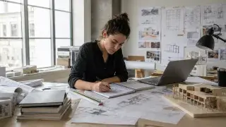 Architecture graduate studying drawings, models, and exam materials in a studio workspace.