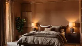 Warm brown color-drenched bedroom with matching walls, trim, ceiling, and layered bedding.