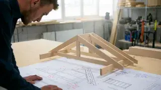 Designer reviewing a small wood truss model over roof framing drawings in a workshop.