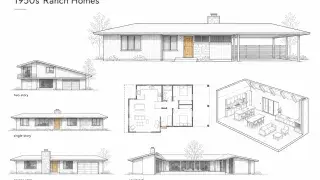 Architectural study of a 1950s ranch house showing the front elevation, floor plan, and kitchen-living cutaway.