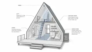 Cutaway diagram of an A-frame tiny house showing the loft, stairs, low roof edges, ridge height, and usable center floor area.