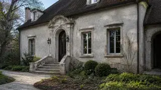 Baroque-inspired residential house with a curved stone entry stair, worn stucco walls, deep window openings, and an uneven garden path.
