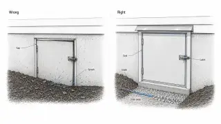 Crawl-space door comparison showing a low, gapped, splash-prone door beside a raised, sealed door with drainage away from the opening.