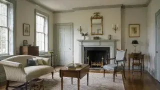 Federal-style parlor with tall windows, pale trim, restrained fireplace mantel, slim furniture, muted colors, and brass accents.