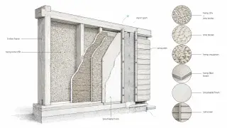 Diagram of hemp building materials showing hempcrete infill, timber framing, hemp insulation, hemp fiber board, breathable plaster, rainscreen cladding, and vapor-open wall layers.