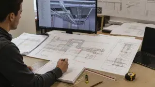 Mechanical drafting desk with duct coordination drawings, redline marks, and a BIM model on screen.