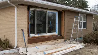 Ranch house exterior during window replacement with exposed trim, taped glass, ladder, drop cloths, brick, siding, and tools.