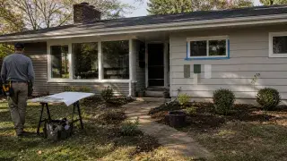 Small ranch house being updated with paint samples, large front windows, landscaping work, and renovation plans.