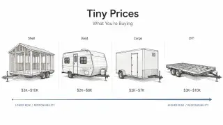 Tiny home price options compared by shell, RV or bus, DIY build, and park model, with simple visuals and included features.