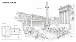 Diagram of Trajan’s Column within Trajan’s Forum showing the column base, forum paving, civic space, ruins, and plan inset.
