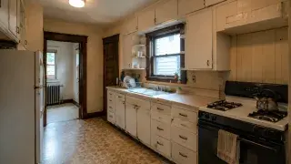 Old 1920s kitchen layout with sink under window, worn cabinets, stove, and radiator room beyond.