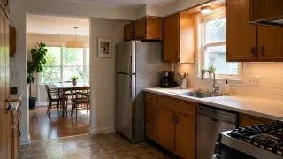 1950s ranch kitchen remodel with improved cabinets, better lighting, and kept layout.