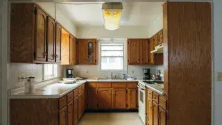 Original 1980s closed kitchen layout with oak cabinets, fluorescent light, laminate counters, and narrow work aisles.