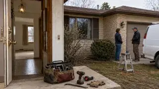 Contractor and homeowner discussing renovation outside a modest 1980s suburban house with open entry, tools, and work van.