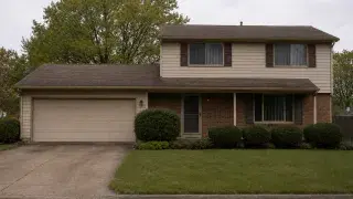 1980s suburban house exterior with beige siding, brick veneer, brown shutters, garage, lawn, and shrubs.