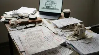 Architecture desk with drawings, laptop model, paper study model, and scattered review notes.