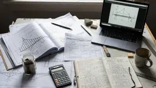 Civil engineering study desk with structural drawings, laptop, calculator, and notes.