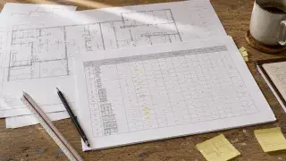 Printed floor plans and a door and window schedule being reviewed with marked-up opening tags before issue.