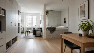 Small apartment layout with storage wall, clear walking path, compact sofa, and bed storage.