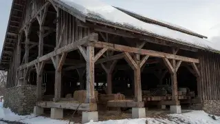 Wooden barn frame carrying roof snow load with posts, beams, braces, and foundation supports.