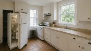 Open refrigerator doors blocking the pantry and passage in a narrow 1910s kitchen.