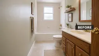 1980s hall bathroom with oak vanity, brass fixtures, almond toilet, and beige tile tub surround.