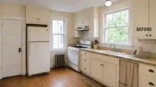 Dated 1910s-house kitchen with worn painted cabinets, wood floors, sash windows, and a cast-iron radiator.