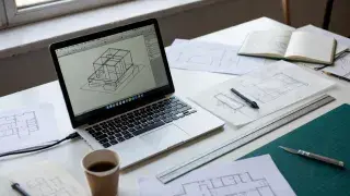Architecture student desk with laptop CAD model, sketches, ruler, and cutting mat.