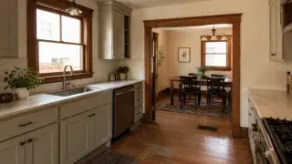 Updated Craftsman kitchen with simple cabinets, wood floors, and old trim.