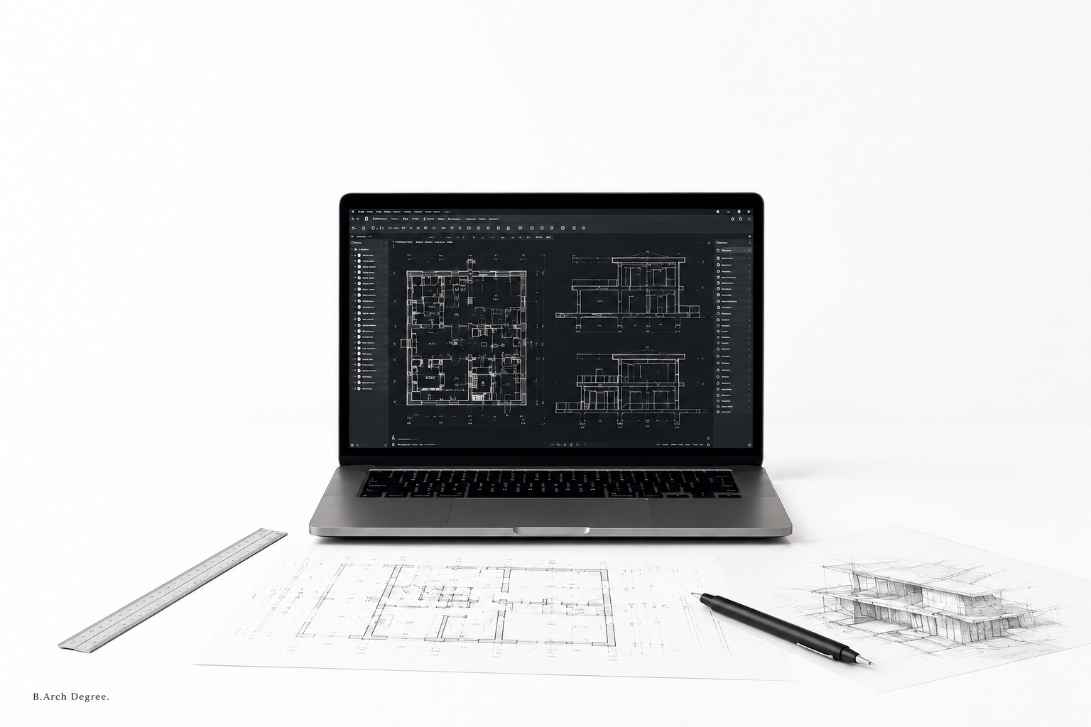 Minimal architecture school workspace with a laptop showing CAD drawings, floor plans, sketch paper, ruler, and drafting pen for a B.Arch degree article.