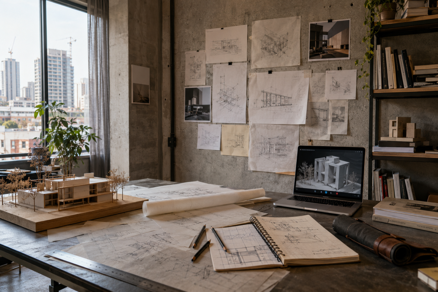 Home architecture studio with laptop, physical model, pinned drawings, sketchbook, and drafting tools for online architecture degree study.