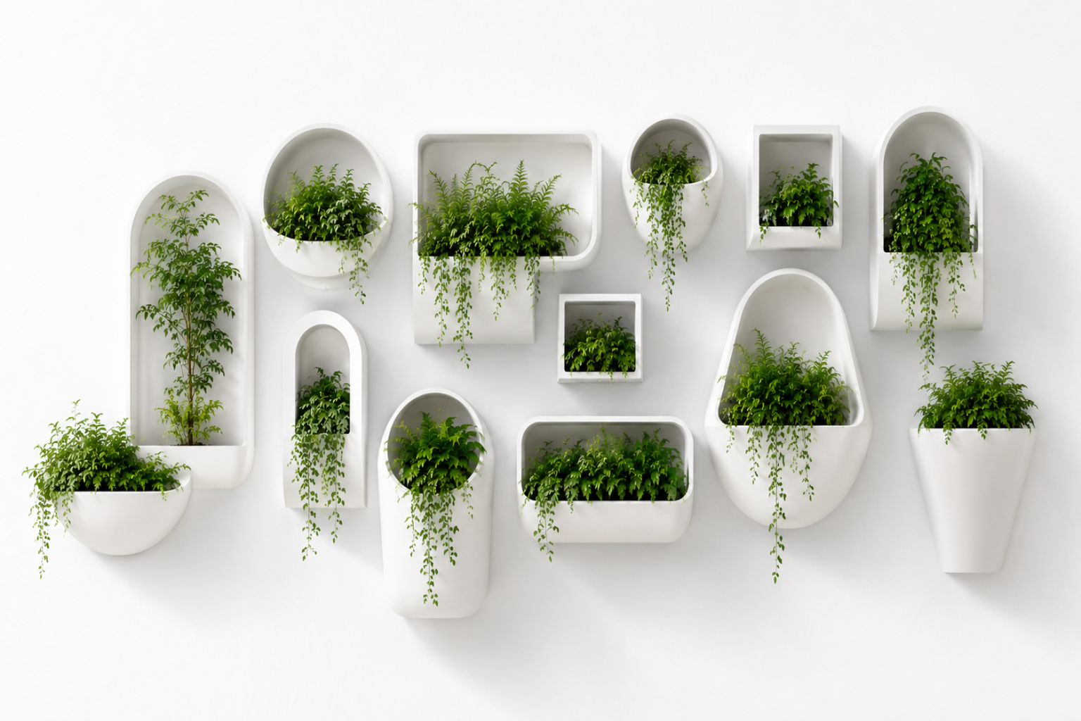 Modular wall planters with geometric forms and greenery, illustrating biophilic and sustainable design ideas taught in architecture degree programs.