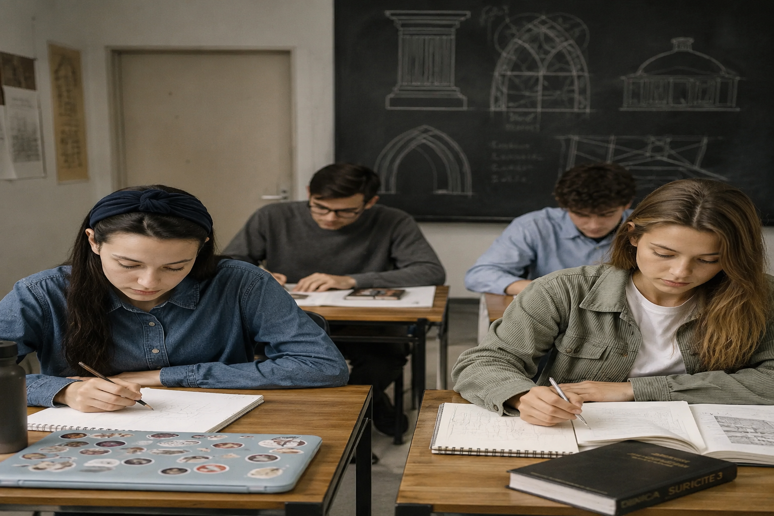 Architecture entrance exam students working quietly on sketching and design exercises at classroom desks.