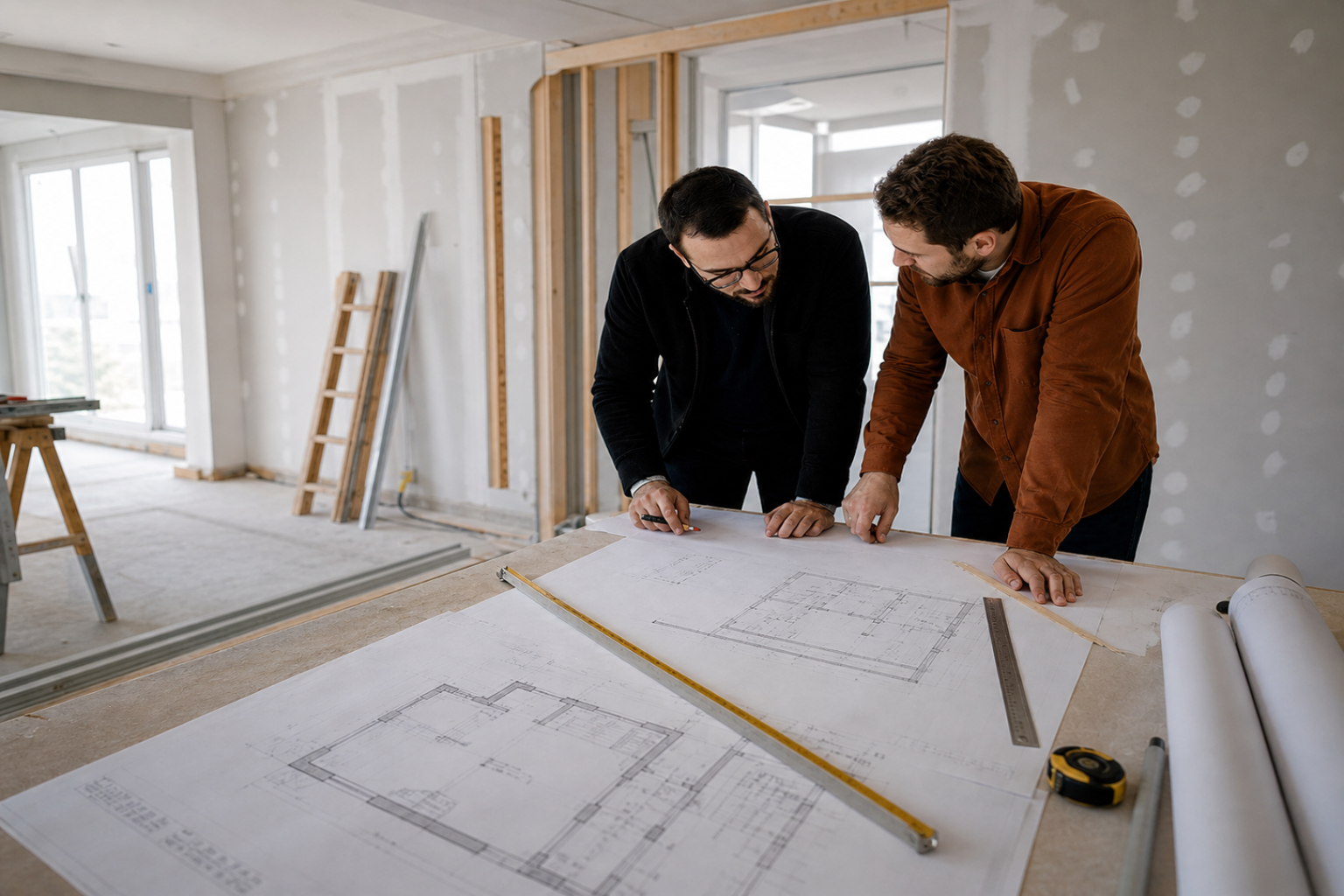 Home renovation plans spread across a work table while two people review the project inside an unfinished house.