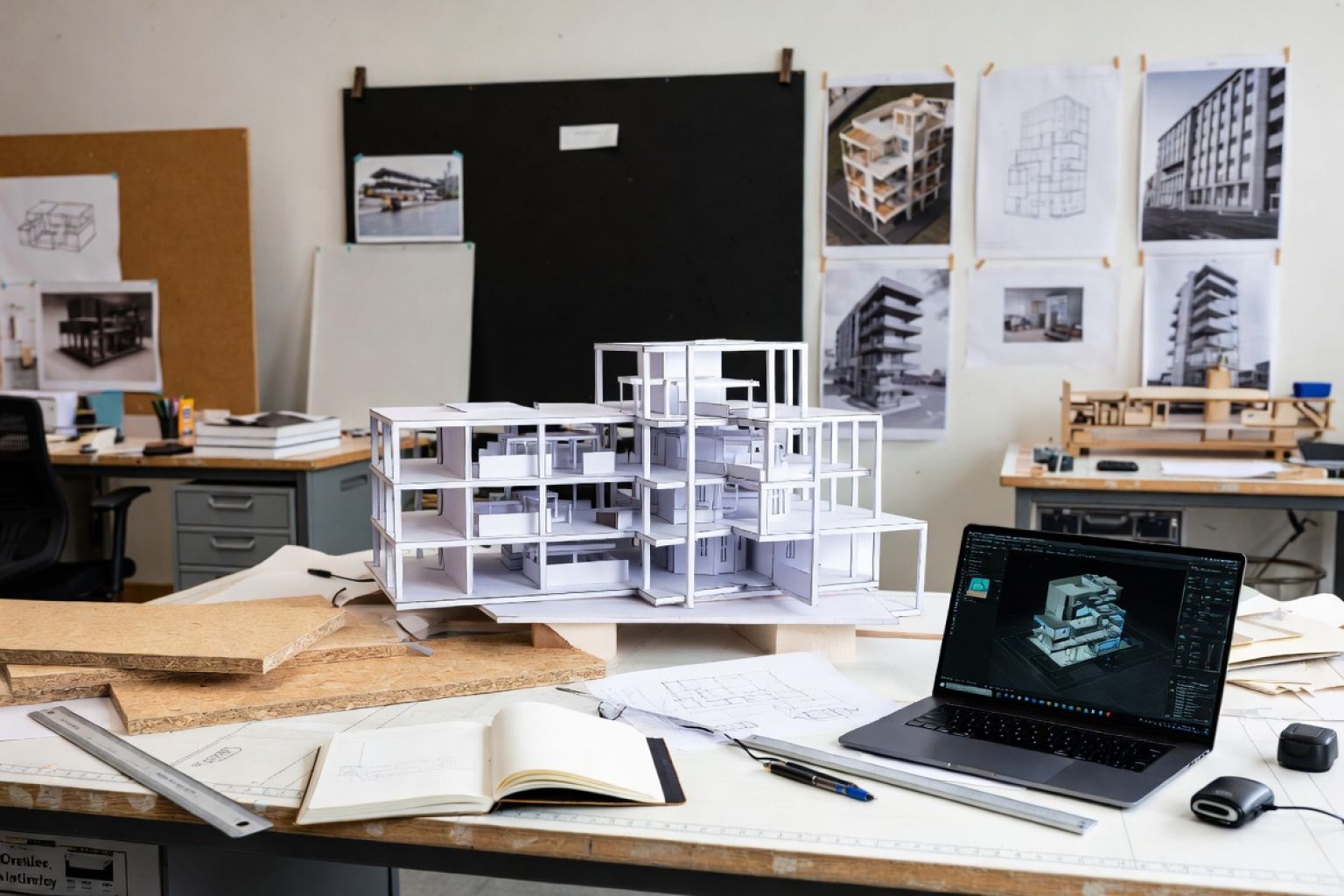 A working architecture studio desk showing physical massing models.
