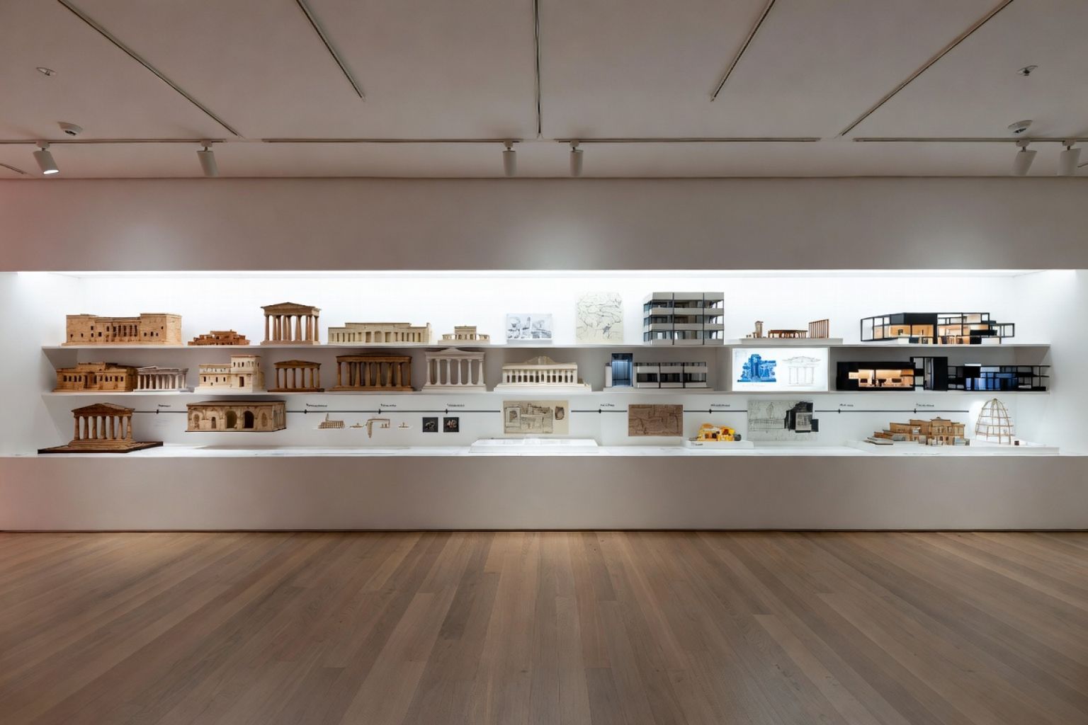 Museum exhibition showing architecture models and drawings from ancient classical forms to modern buildings.