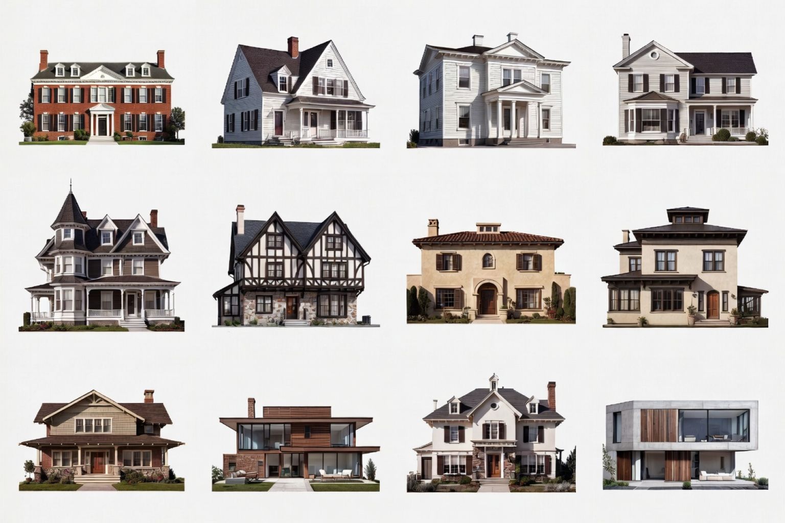 Comparison plate of major house styles from historic revivals to modern residential design.`
