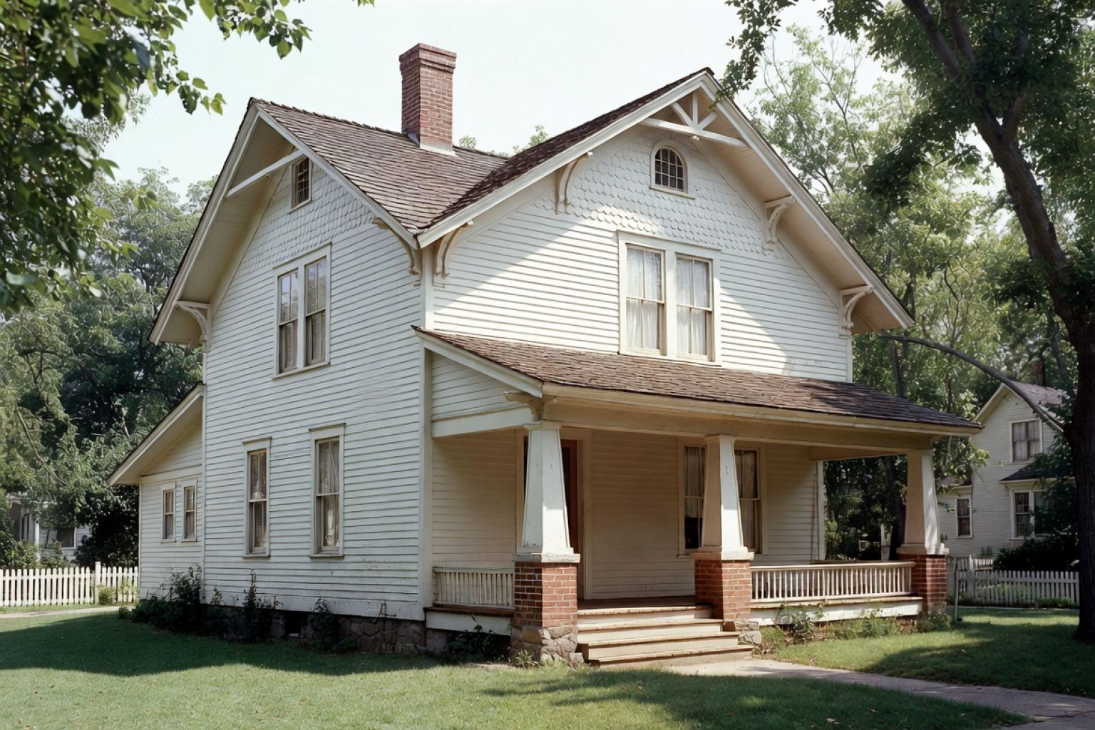 1910s gabled wood house with front porch, simple trim, and late Victorian carryover details.
