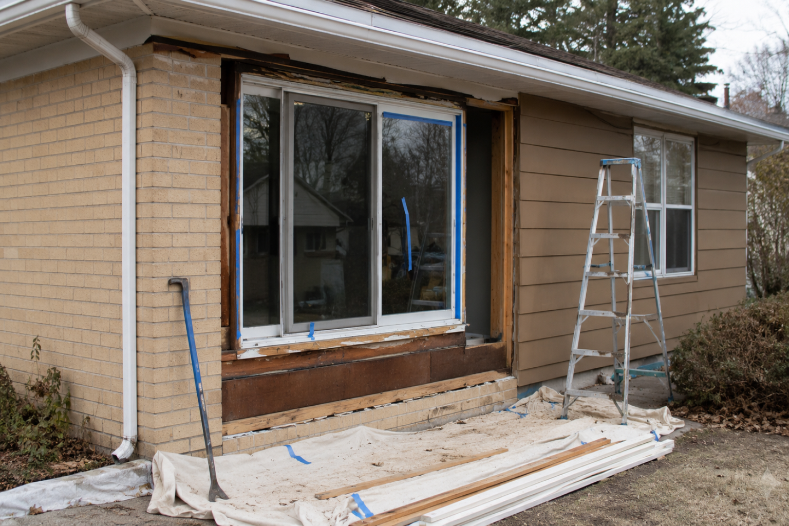 Ranch house exterior during window replacement with exposed trim, taped glass, ladder, drop cloths, brick, siding, and tools.