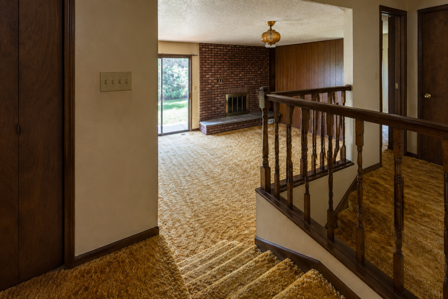 1970s split-level house interior with shag carpet, railing, brick fireplace, and wood paneling.