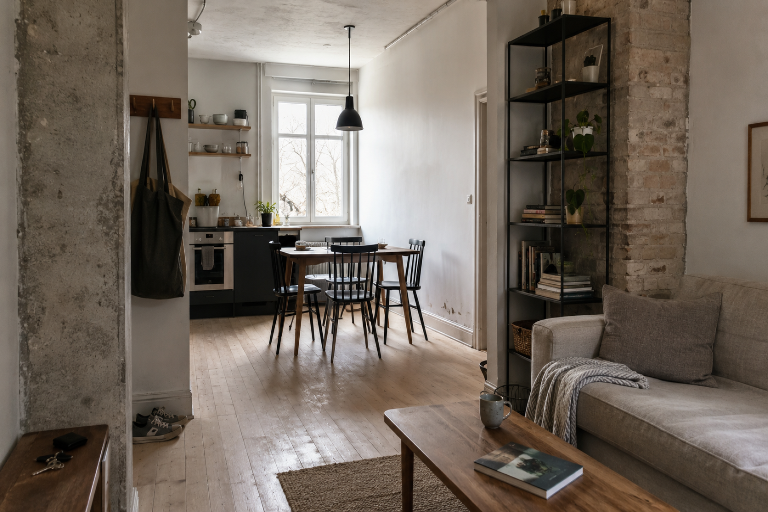Scandinavian industrial apartment with brick, black metal shelving, pale wood, sofa, shoes, and daylight.