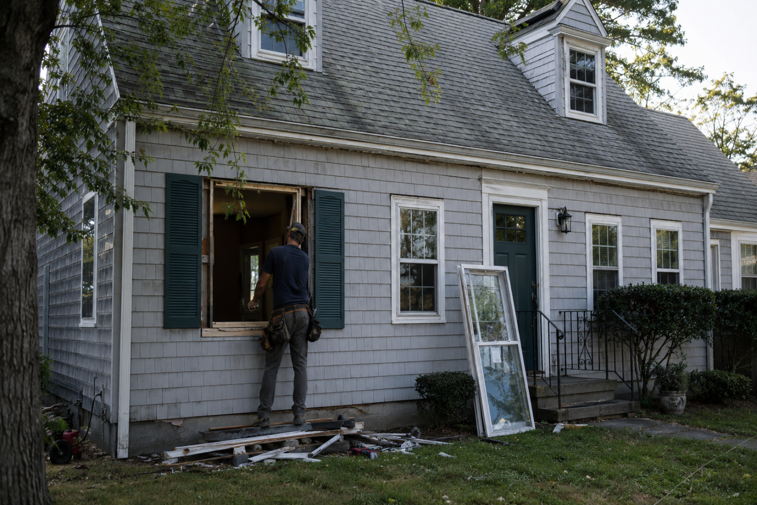 Cape Cod house during window replacement with an open window bay and worker outside.