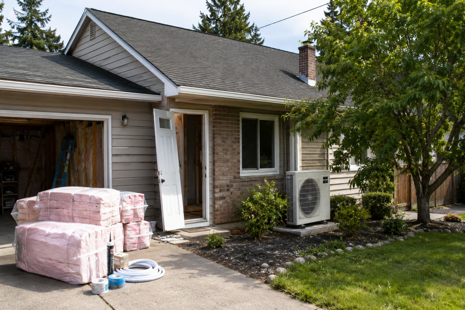Modest house being upgraded with insulation, air-sealing supplies, heat pump equipment, shade planting, and a solar-ready roof.