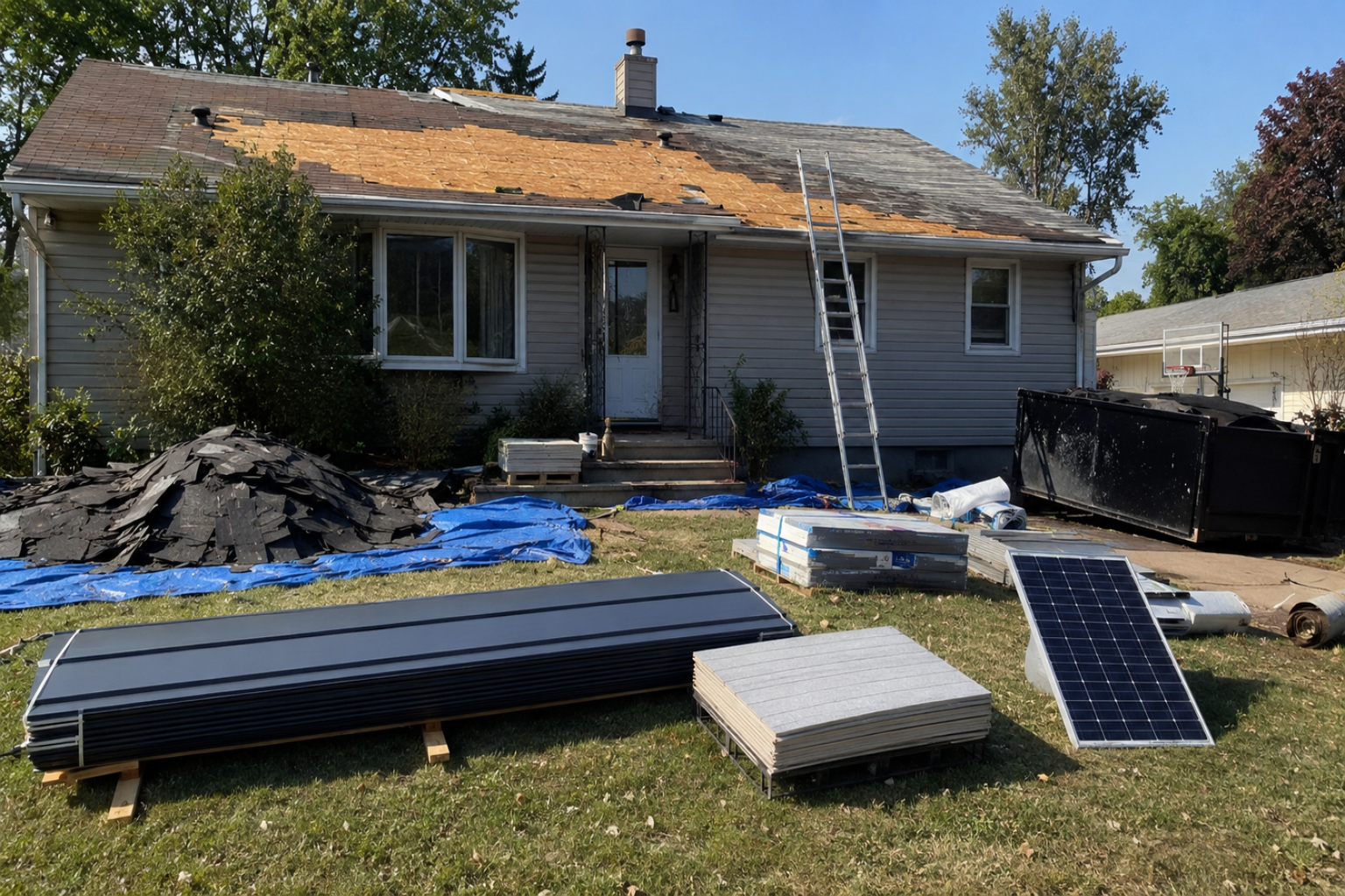 House roof replacement with exposed sheathing, staged metal roofing, reflective roofing, and solar panel planning materials.